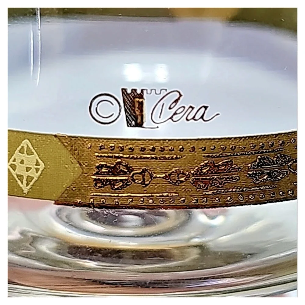 Vintage Cera Green Gold Oak Leaf Acorn Footed Glass Goblet MCM Barware Set Vera